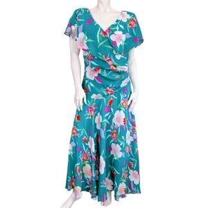 VINTAGE Nancy Johnson Green & Pink Topical Floral Flutter Maxi Dress